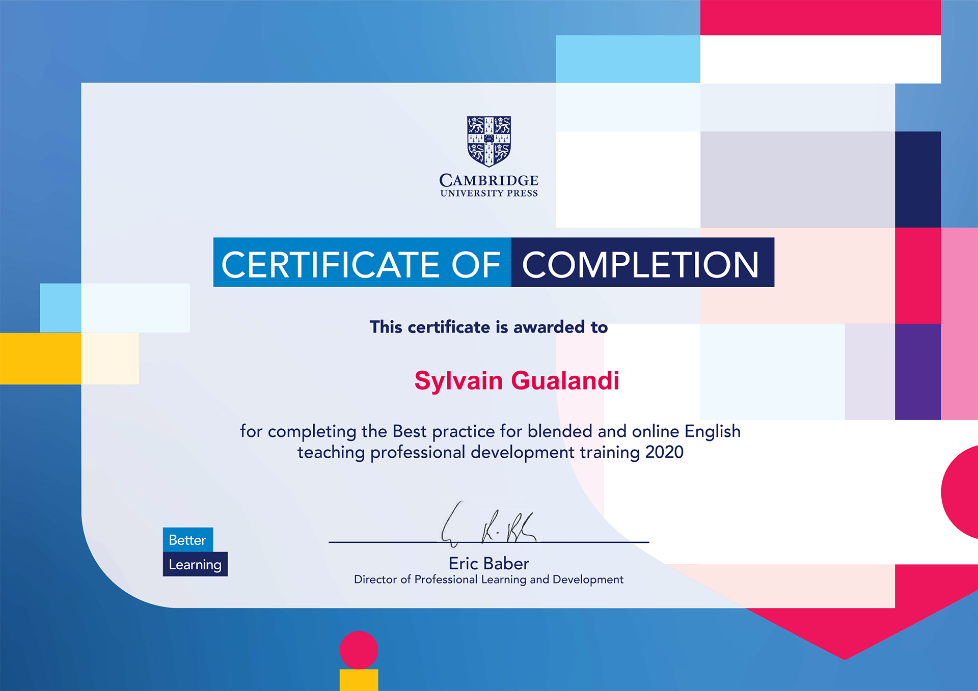 Cambridge certificate of completion - 2020
